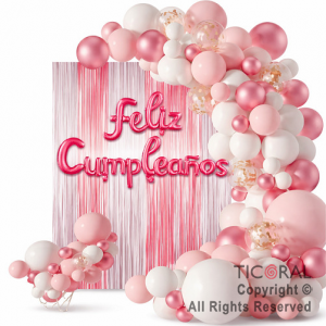 SET DE GLOBOS ARCO XL FELIZ CUMPLEA�OS ROSA Y BLANCO P 84 UNIDADES